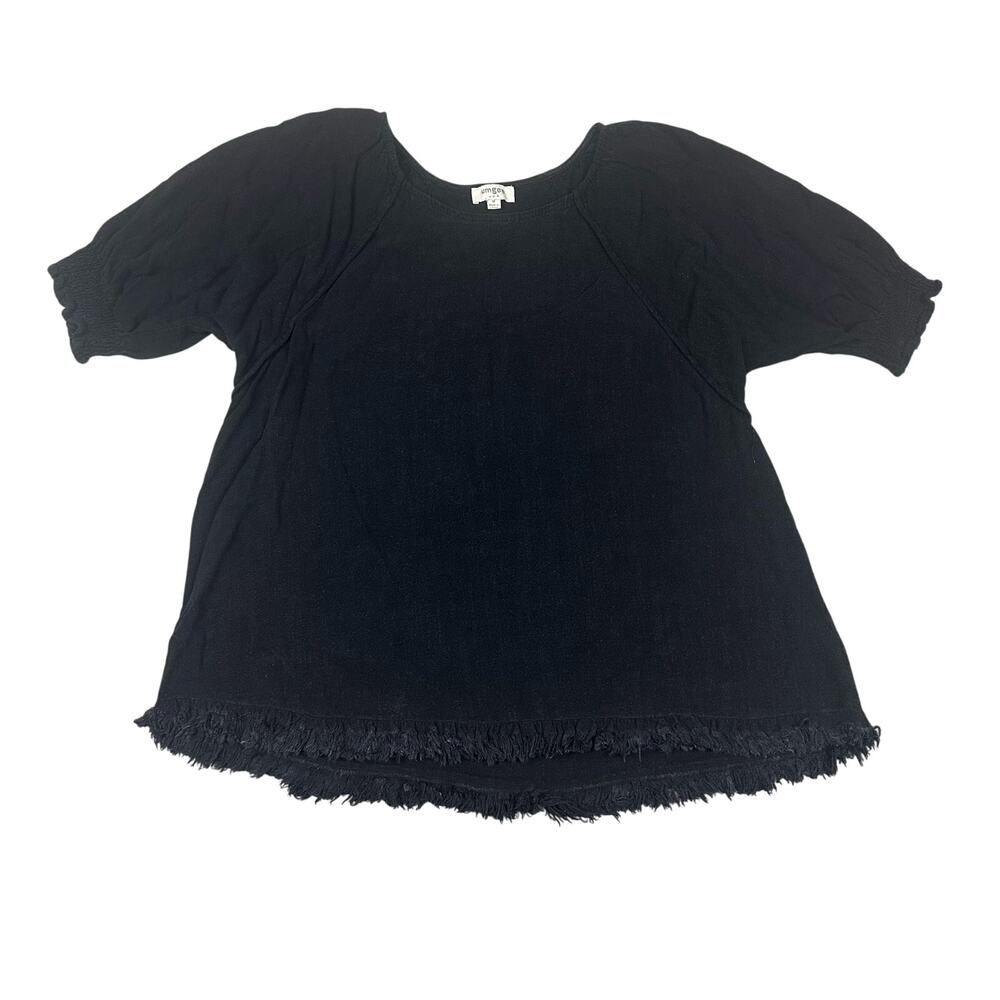 Umgee Linen Blend Fringe Hem Top Womens Medium Black Excellent Puff Sleeve C2617